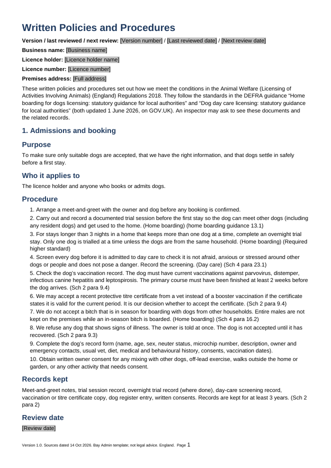 First page of the written policies and procedures