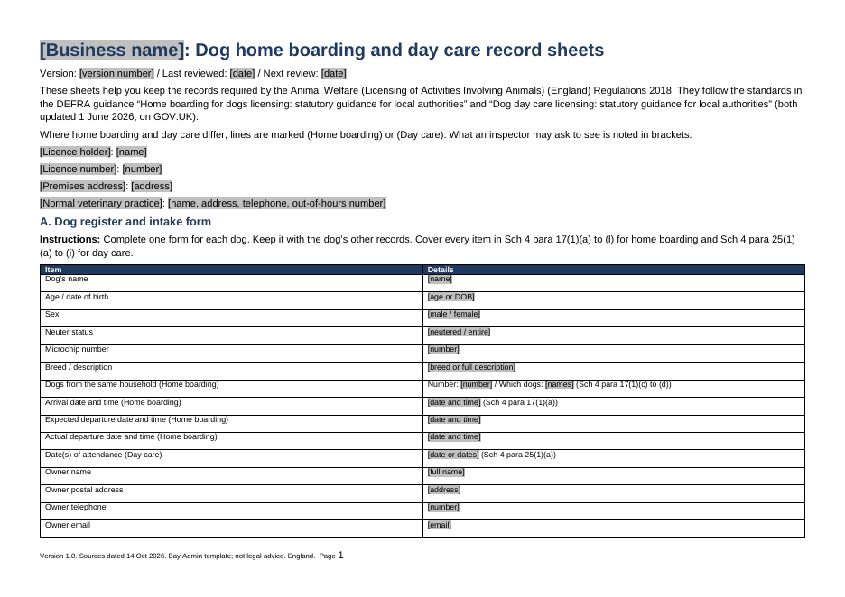 First page of the record sheets