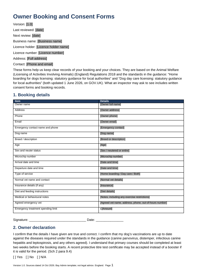 First page of the owner booking and consent forms