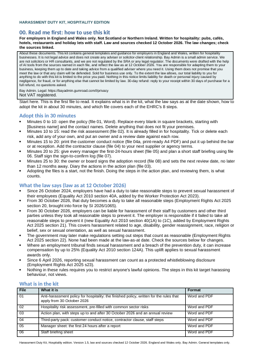 Sample page: page 1 of the Read Me file in the Harassment Duty Kit