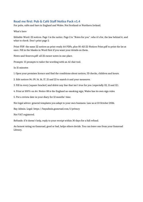 Sample page: page 1 of the Read Me file in the Pub & Café Staff Notice Pack