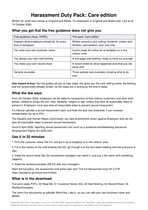Sample page: page 1 of the Read Me file in the care home pack